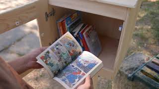 Outdoor neighborhood sharing library. Unfinished street library for book exchange