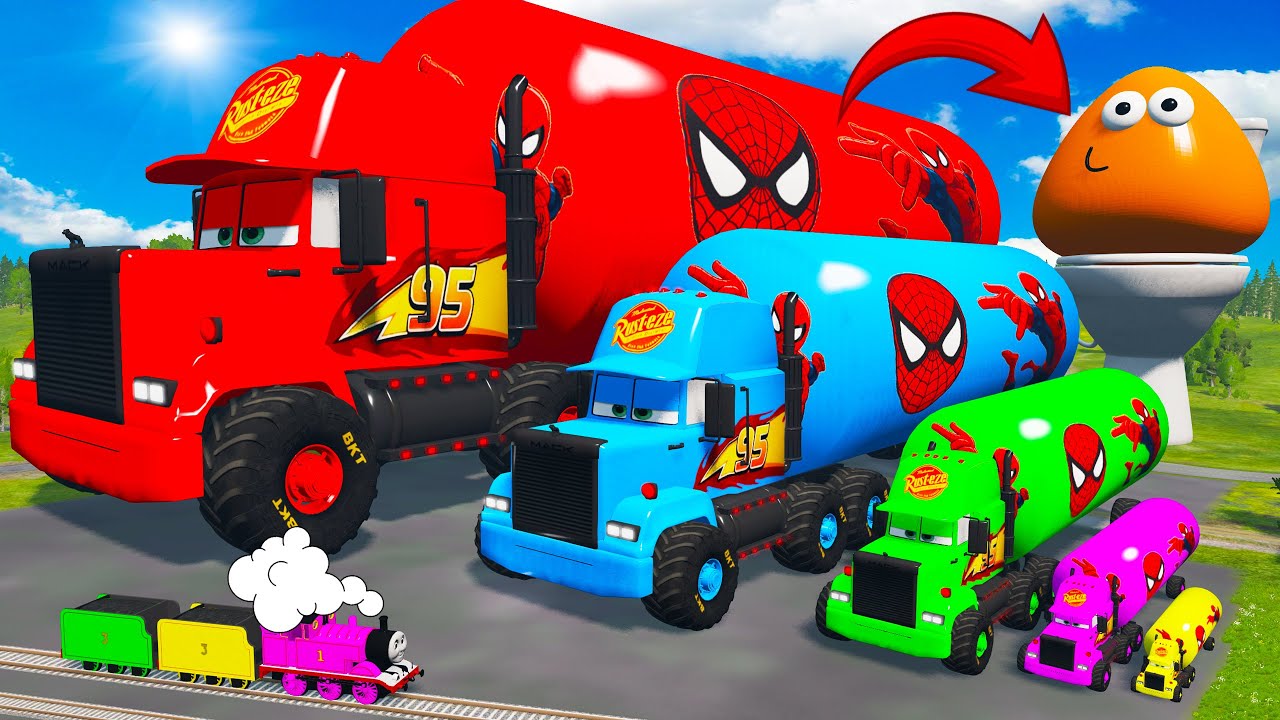 Big & Small Long Mack Truck Oxy with Tanker Super Hero - Long Cars vs Rail and Trains | BeamNG.Drive