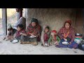 Organic village life  cooking meat and vegetables in the village