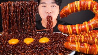 MUKBANG ASMR | BLACK BEAN NOODLES KIELBASA SAUSAGE EGGS 짜파게티 킬바사소세지 먹방 EATING SOUNDS