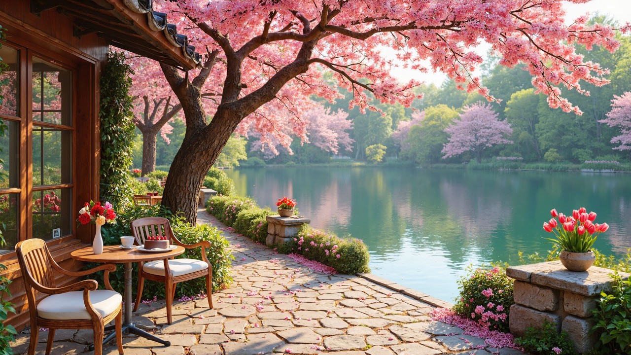 ☕ Кафе на берегу озера под сакурой | Уютная атмосфера с расслабляющими джазовыми ритмами для учеб...
