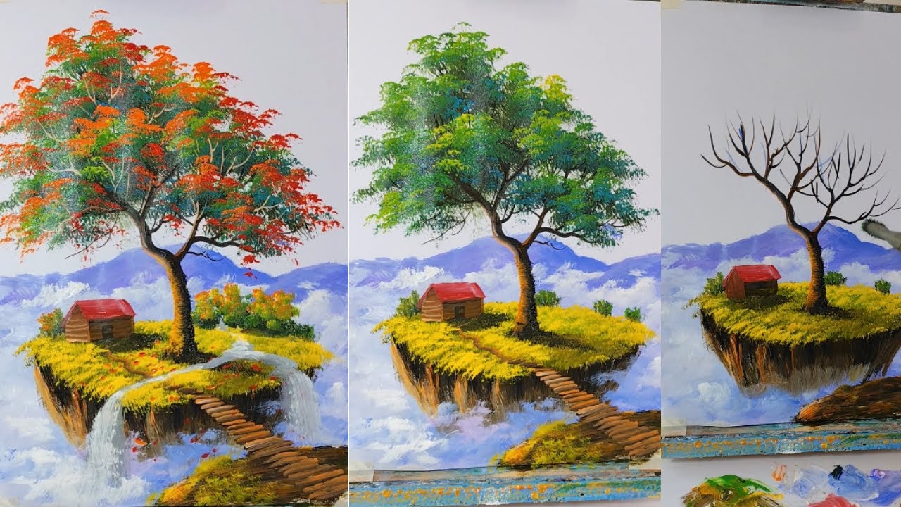 Floating Island Tree Painting | 3 Seasons Acrylic Tutorial for Beginners
