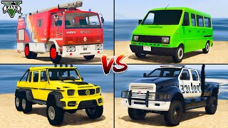 Renault Fire Truck vs Volkswagen EuroVan vs Mercedes G63 vs Pickup Police - GTA 5 Which Car is best?