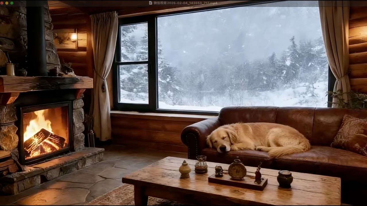 Snow Storm Sleep Sounds | Blizzard and Fireplace Sounds | Cozy Cabin | Golden Retriever by the Fire