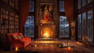 Rainy Jazz in a Cozy Royal Library 🌧️ Relax Jazz, Crackling Fireplace & Rain Sounds, White Noise 4K