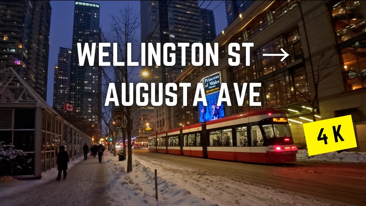 Toronto 🇨🇦 Evening Snow Walk | Wellington St & Simcoe St to Augusta Ave, 4K