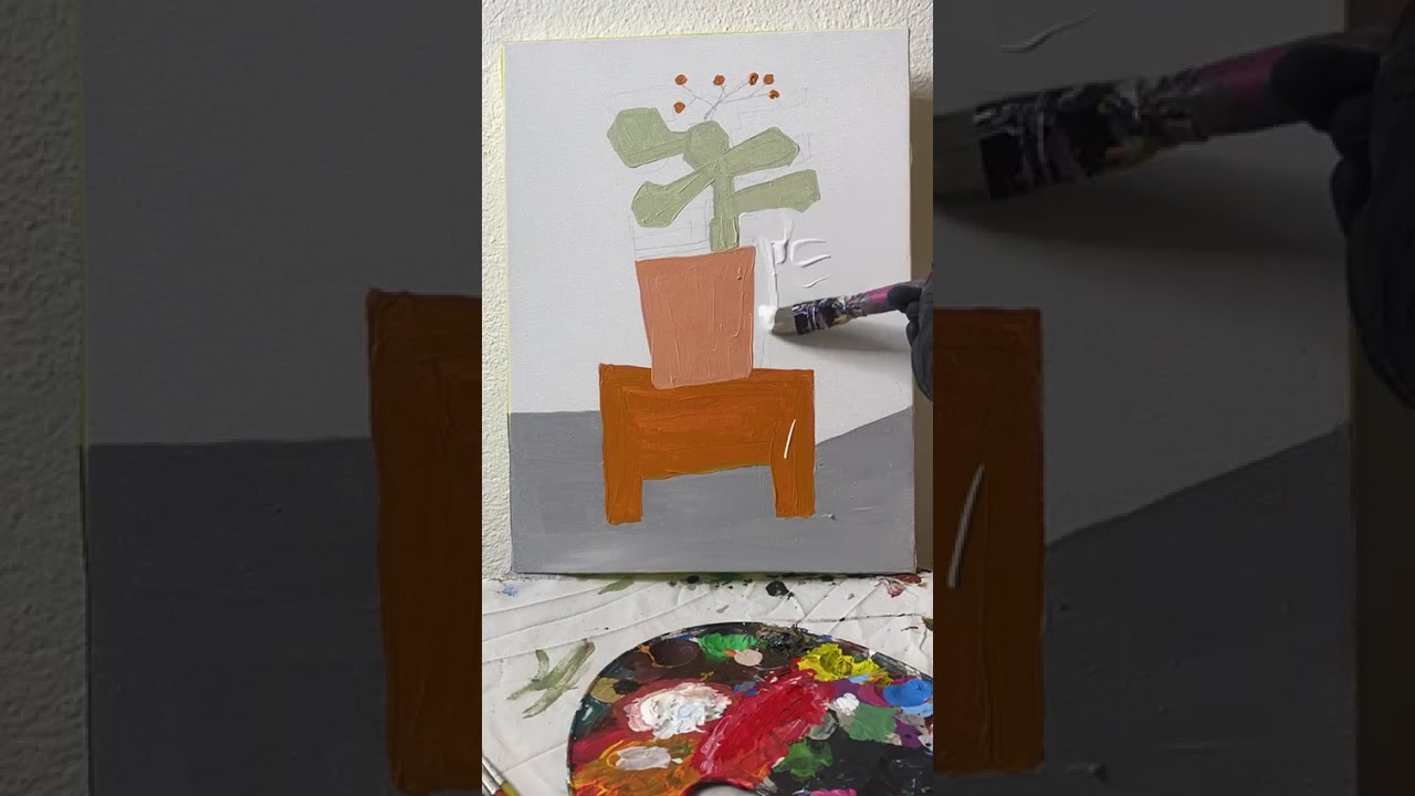 “Abstract Cactus in a Pot on Wooden Table | Modern Acrylic Painting”