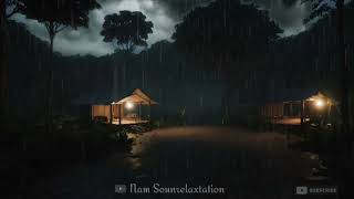 Cozy cabin by the forest with relaxing music 🌧️ Heavy rain, falling autumn leaves, , sleep ASMR