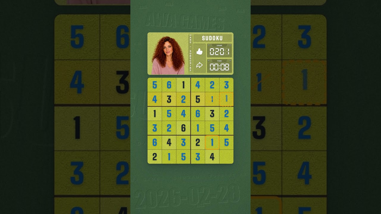 LinkedIn Mini Sudoku #201 solved board for February 28, 2026, 6x6 grid