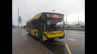 Минск, поездка в электробусе МАЗ-303Е10, рег.№ АА Е008-7, марш.91 (31.12.2023)