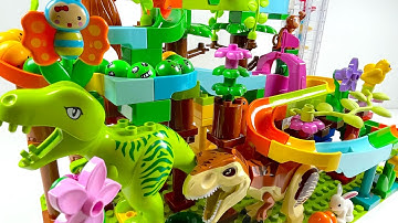 Satisfying Building Blocks Marble Run Race ASMR - Cute Dinosaurs and Forest Course