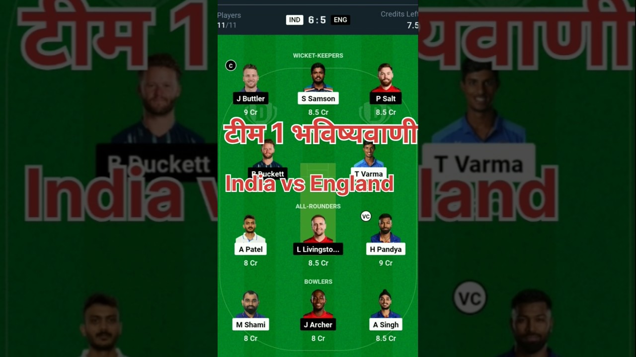 Dream 11 team prediction# India vs England match today 