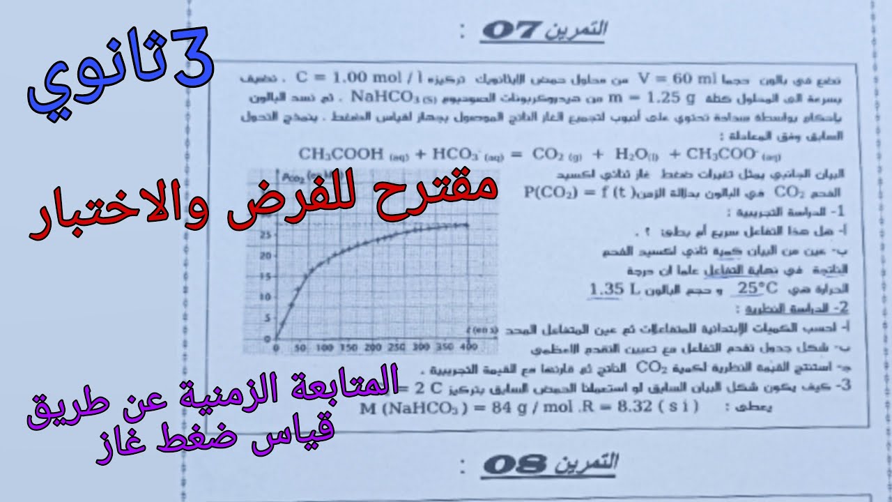 تمرين مقترح للفرض والاختبار حول المتابعة الزمنية لتحول كيميائي في وسط مائي للسنة الثالثة ثانوي