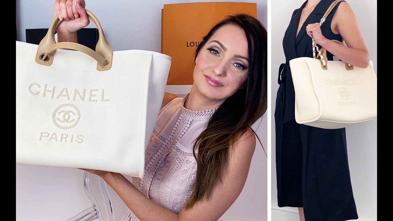 Chanel Deauville Medium Tote Bag Unboxing 💯 + Review and Outfits | 2020  Pearl Logo 😍 - YouTube