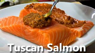 15 minute air fryer salmon with sun-dried tomato pesto. Quick and easy recipe!