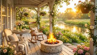 Cozy Morning Riverside Porch Ambience 🌅🌸 Cozy Campfire & Soothing Nature Sounds for Study