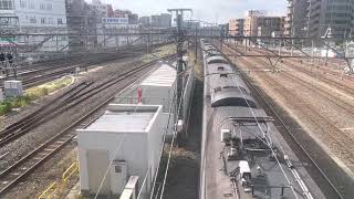 朝の上から見る電車　E 217系　総武快速線と　京葉線　通勤快速列車が入線