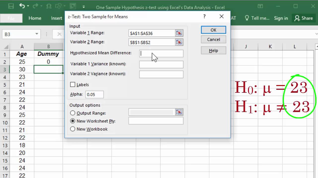 hypothesis z test in excel