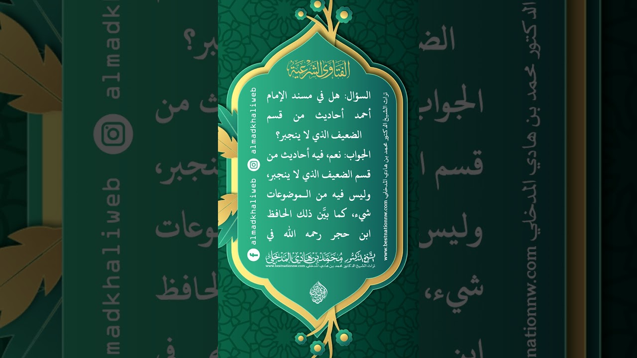 الفتاوى | هل في مسند الإمام أحمد أحاديث من قسم الضعيف الذي لا ينجبر - الشيخ د. محمد بن هادي المدخلي