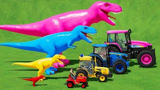 MINI & BIG TRACTOR & BIG DINOSAUR vs DEEP MUD with PORTAL TRAP - TRACTORS vs MUDDY PARKOUR! FS22