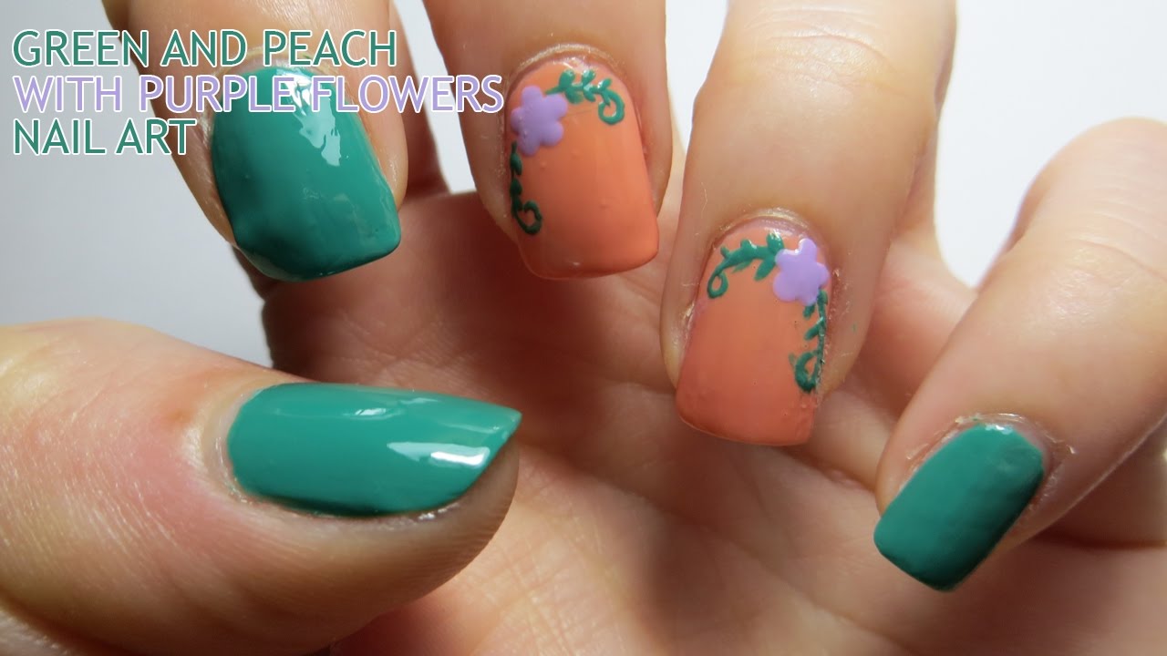 Green And Peach Nail Art With Purple Flowers - YouTube Green and Peach Nail Art with Purple Flowers - Green And Peach Nail Art With Purple Flowers - YouTube