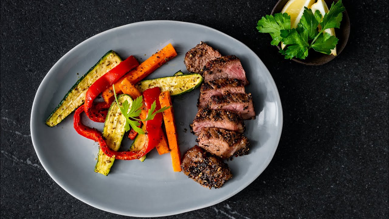 Pepper Crusted Steak With Grilled Vegetables YouTube Pepper Crusted Steak With Grilled Vegetables YouTube