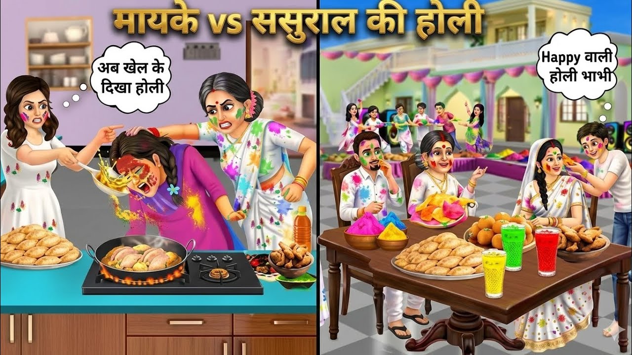 मायके vs ससुराल की होली ||cartoon story || saas bahu ki holi || #kahani #comedy #story 