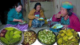 Bitter Gourd & Potato mix recipe and Rice cooking & eating in village kitchen || Tite karela Recipe