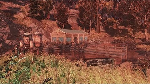 Fallout 76 Camp build.  Easy log cabin on water home.