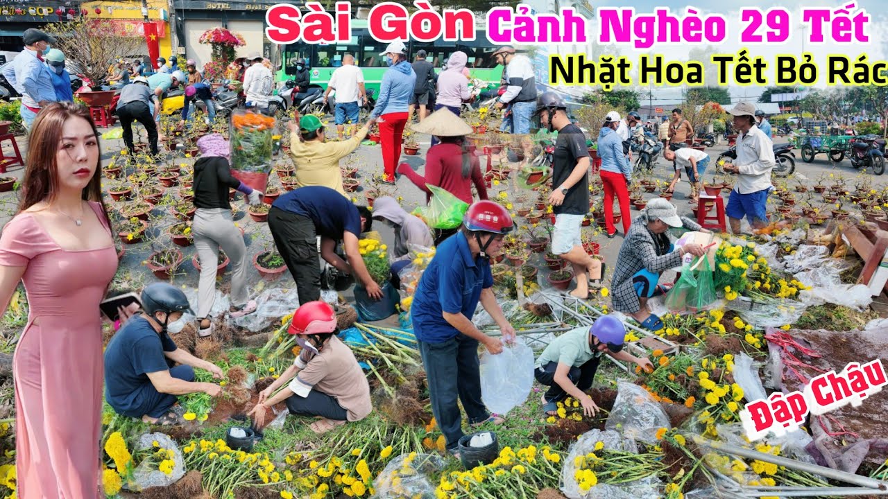 Sài Gòn Cảnh người nghèo nhặt hoa tết bỏ rác chất đống, chặt bỏ ngày 29 tết