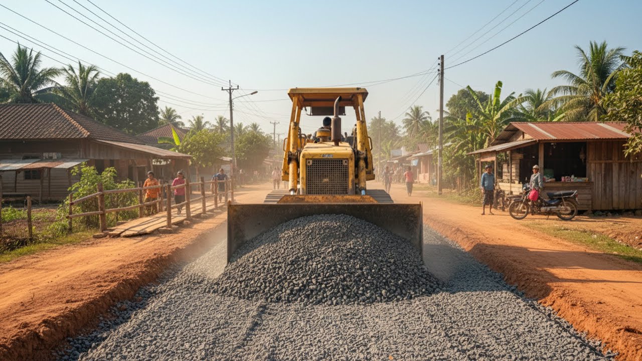 Gravel Road Construction in a Lively Rural Village | Heavy Machinery at Work Village Life Continues