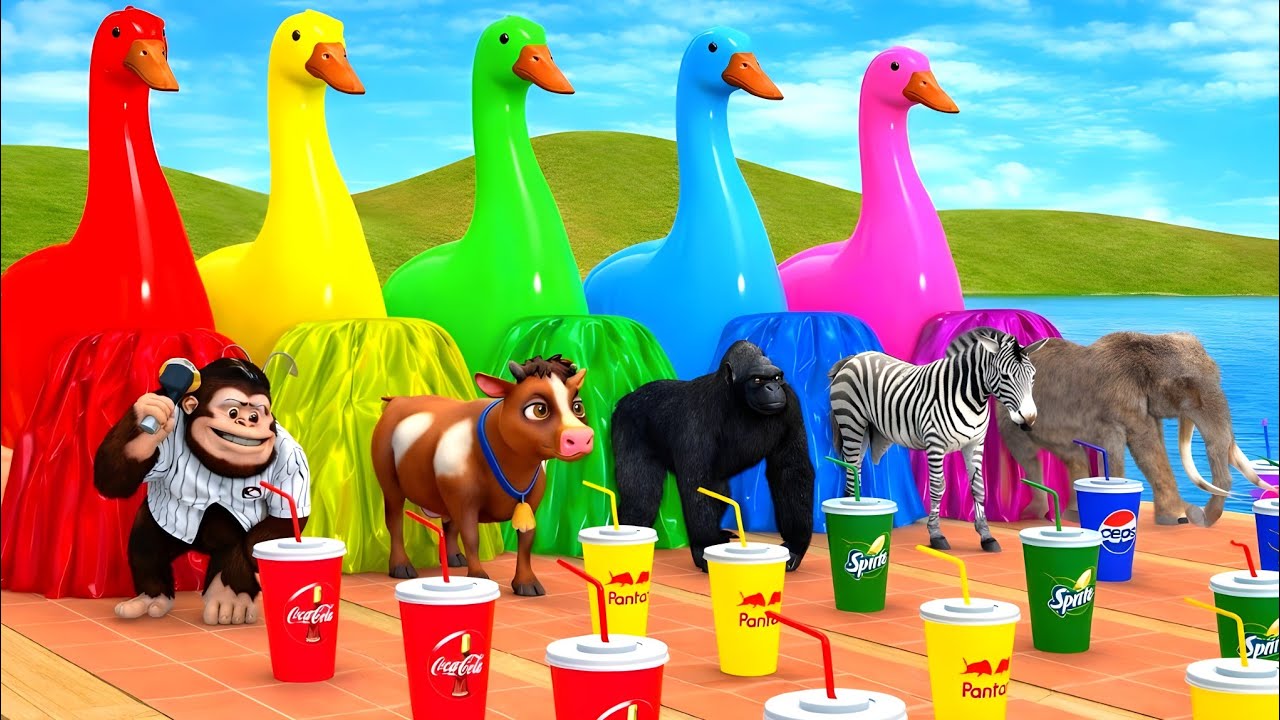 Long Slide Game With Elephant Gorilla Buffalo Hippopotamus Tiger - 3d Animal Game - Gigo Colour 02