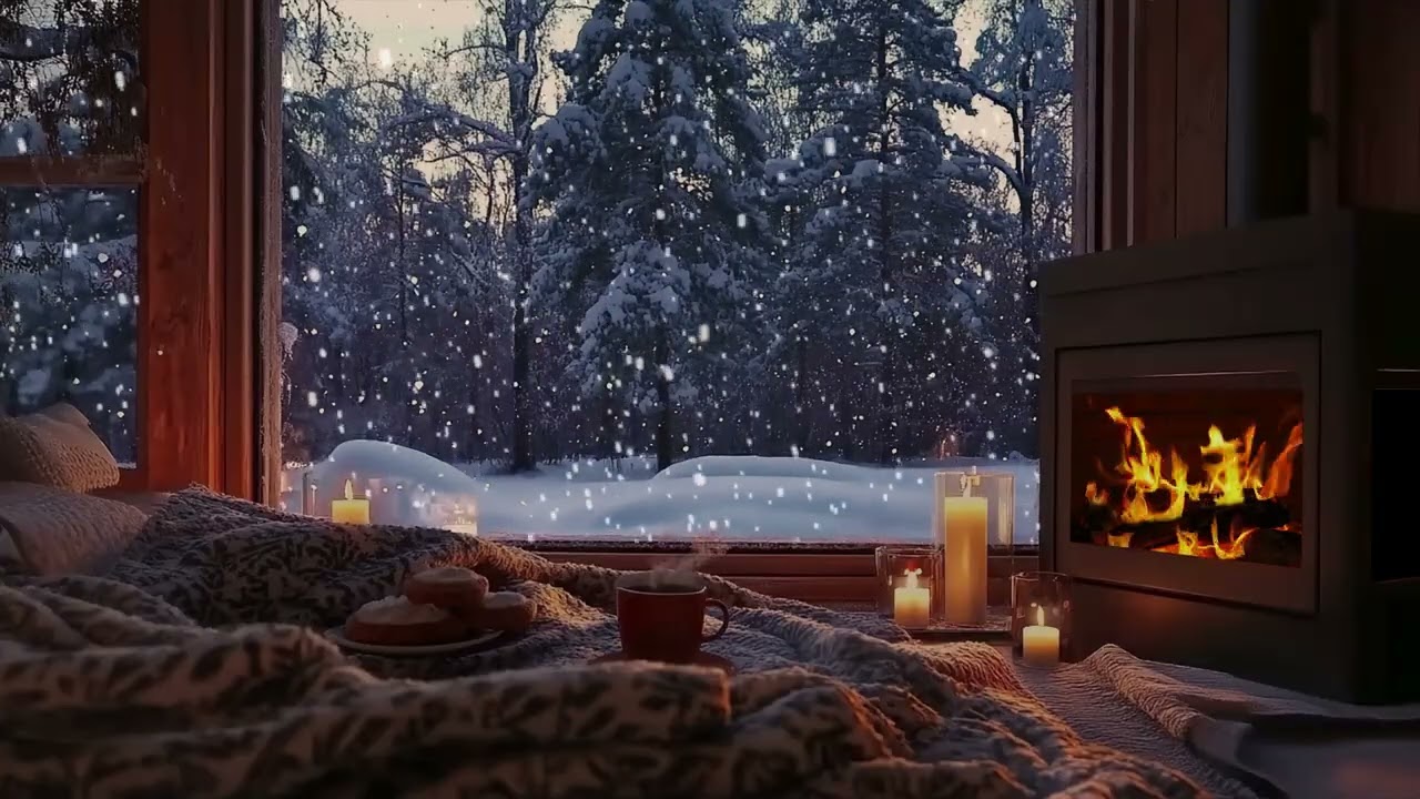 Cozy Cabin in Winter Night | Gentle Fireplace Crackles and Snowfall for Inner Peace