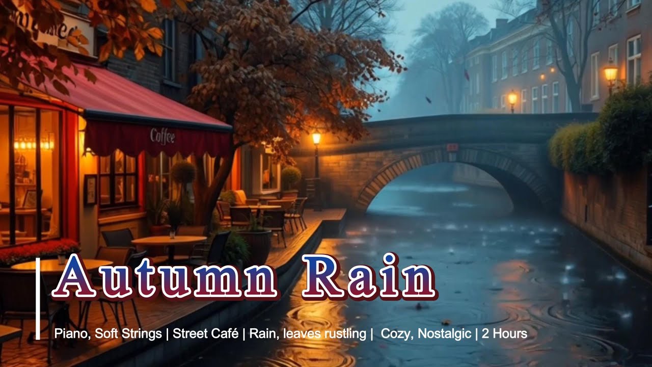 Autumn Rain - Piano, Soft Strings - Street Café - Rain, leaves rustling - Cozy, Nostalgic