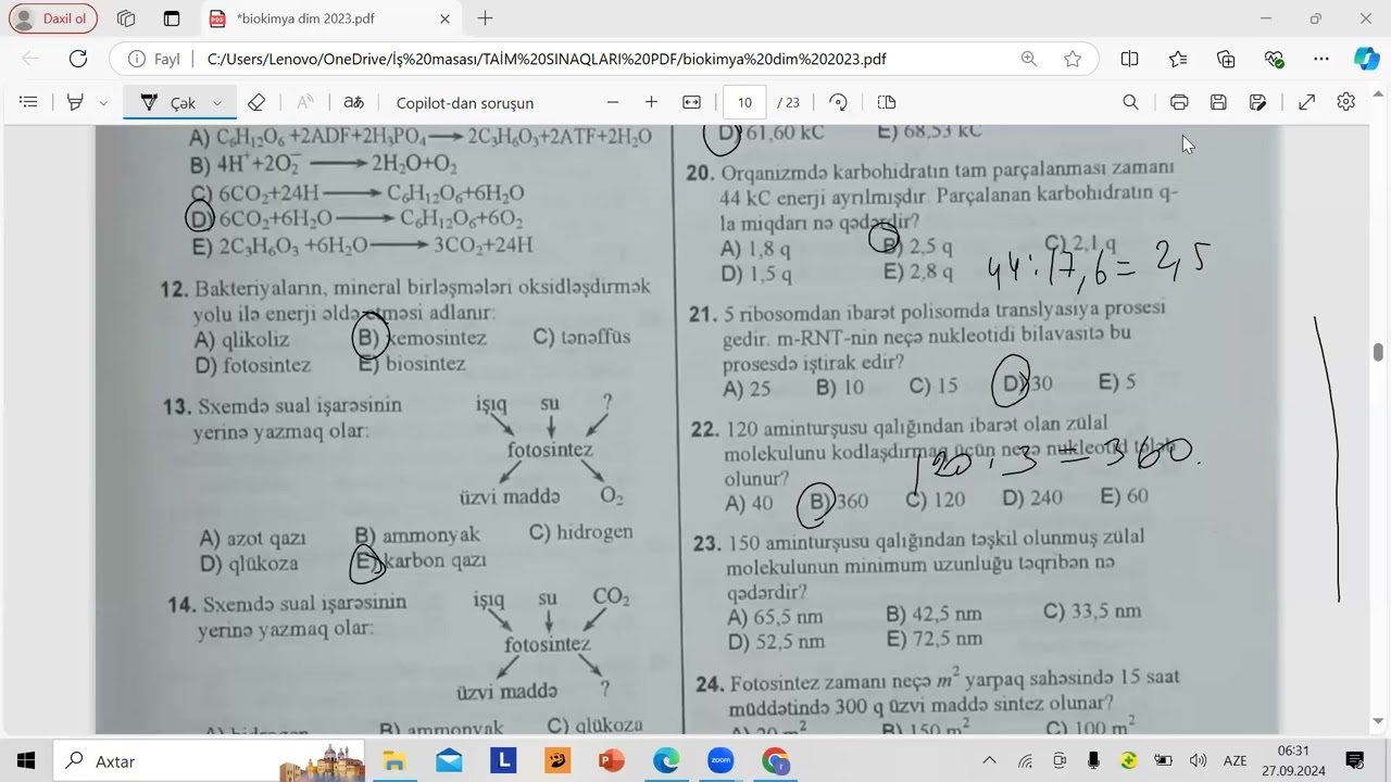 DİM 2023 BİOKİMYA. MADDƏLƏR MÜBADİLƏSİ. ENERGETİK VƏ PLASTİK MÜBADİLƏ TEST İZAHI 1-62