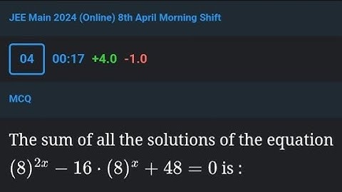 The sum of all the solutions of the equation (8)^(2x)-16*(8)^x+48=0 is,