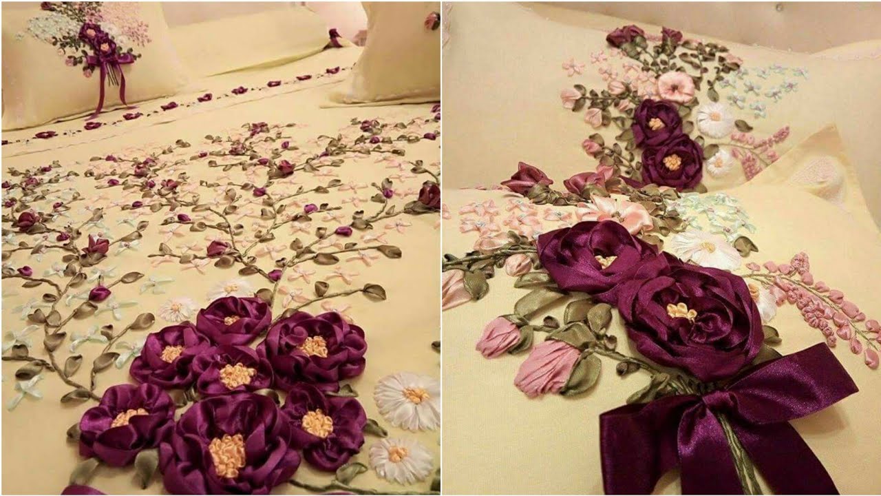 Top Stylish Ribbon Work Embroidered Bedsheets Designs||Royal Silk Ribbon Embroidery On Bedspread
