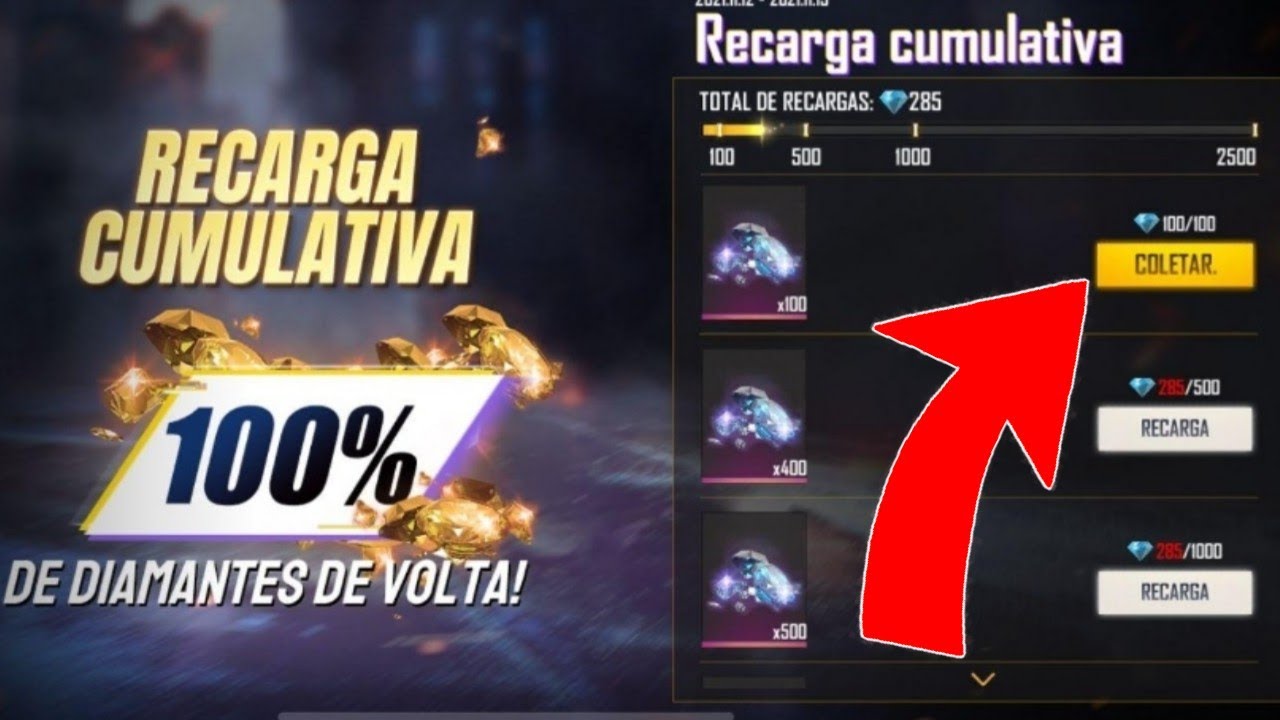 Free Fire Recarga Jogo: evento com diamantes em dobro (100%) no