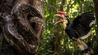 Python Attacks Hornbill Nest While the Male Guards His Family — Here's What Happened!