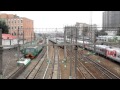 A train traffic beside Kazansky railway station, Moscow, Russia.