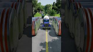 Mixed Color Cement Truck & Dump Truck & Super Long City Buses vs 6 Bollards #beamngdrive #shorts