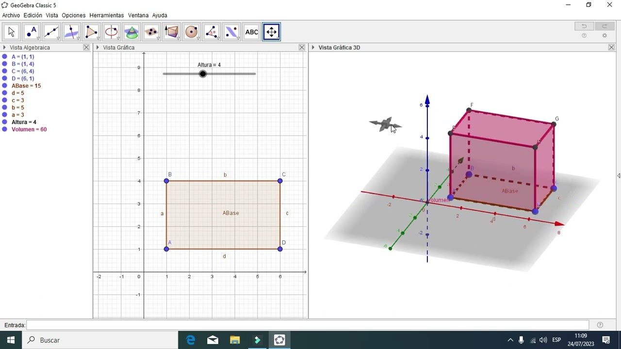 Volumen y Area total de un prisma en geogebra