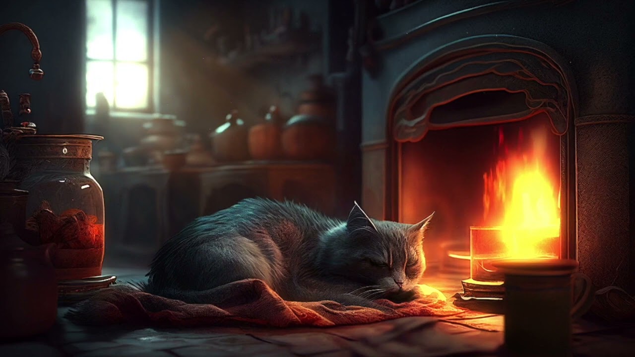 Cat Purring by the Fire Purr Fireplace Ambiance Background Noise Soundtrack Audio Effect Sounds Loop