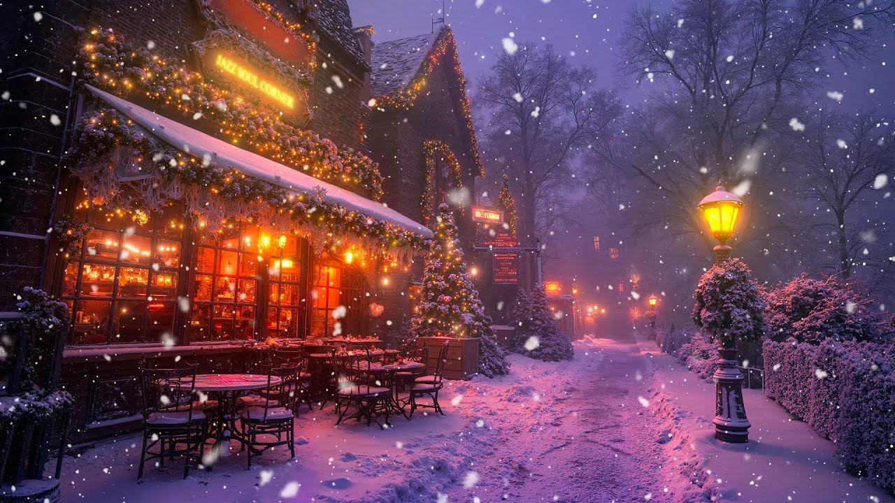 Gentle Winter Jazz Music at a Warm Outdoor Cafe - Exquisite Piano Jazz Music and Snowfall ❄️