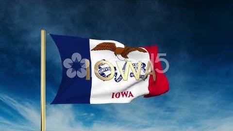 Iowa Flag Slider Style With Title. Waving In The Wind With Cloud Background