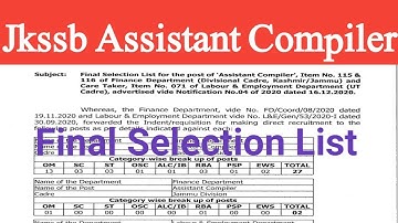 Jkssb Latest Update | Assistant Compiler & Care Taker Final Selection List