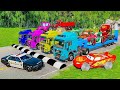 Double Flatbed Trailer Truck vs Speedbumps Train vs Cars - Tractor vs Train Beamng.Drive