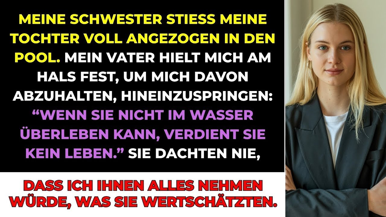 Ich stand nur fünf Sekunden weg, um einen Teller zu holen – und als ich mich umdrehte, stieß meine eigene Schwester meine achtjährige Tochter mit beiden Händen in den tiefen Pool. Hanna trug Jeans...