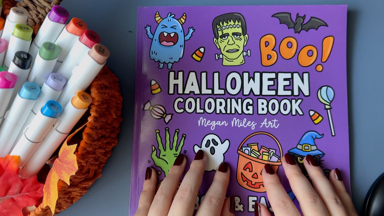 ASMR Whisper - Let's Color EVERY Page Of The Halloween Book Together (pt.2) (chewing gum 🫧) 🔮🖤👻