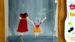 Easy Mother&#39;s Day Rainy Season Scenery Painting for Beginners/Girls walking in the Rain Acrylic